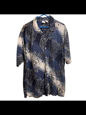 Y2K Utility Dragon Button Up Shirt Blue Cotton Rayon Asian Graphic
